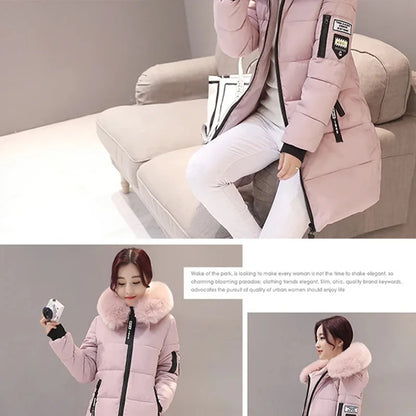 Women's Winter Fur Collar Hooded Parka - Stylish Long Jacket with Patch Design and Zipper Pockets, Elegant & Warm