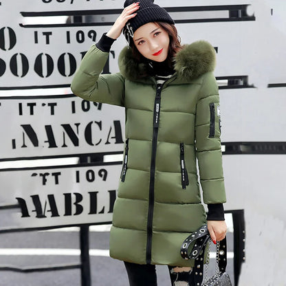 Women's Winter Fur Collar Hooded Parka - Stylish Long Jacket with Patch Design and Zipper Pockets, Elegant & Warm