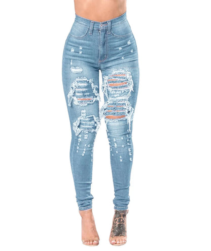 Jeans rasgado de cintura alta para mulheres, jeans skinny, calças lápis, calç