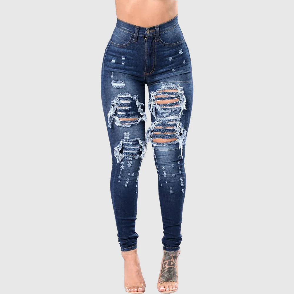 Jeans rasgado de cintura alta para mulheres, jeans skinny, calças lápis, calç