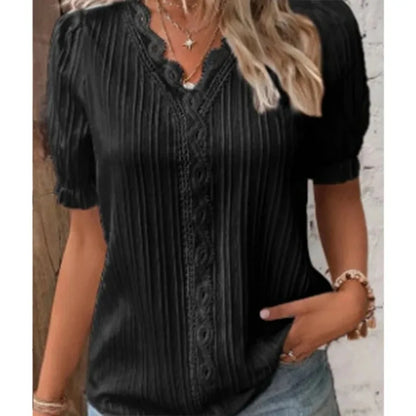 2024 Summer Women's V-Neck Hollow Cut Blouse – Sexy Spliced Loose-Fit Plus Size Street Top