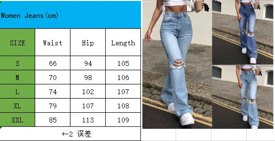 2023 New High Waist Ripped Boot Cut Jeans For Women Fashion Stretch Knee Ripped Denim Flared Pants Casual Female Trousers S-2XL