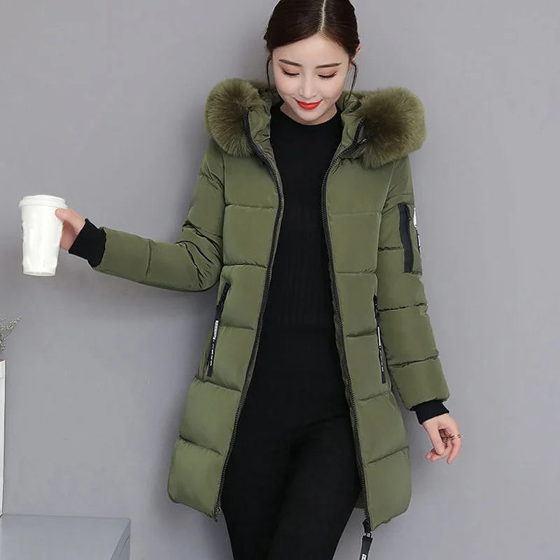 Women's Winter Fur Collar Hooded Parka - Stylish Long Jacket with Patch Design and Zipper Pockets, Elegant & Warm