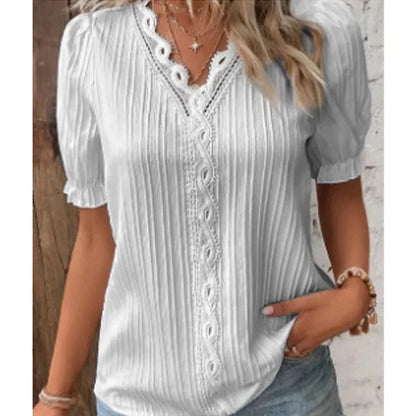 2024 Summer Women's V-Neck Hollow Cut Blouse – Sexy Spliced Loose-Fit Plus Size Street Top