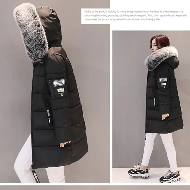 Women's Winter Fur Collar Hooded Parka - Stylish Long Jacket with Patch Design and Zipper Pockets, Elegant & Warm