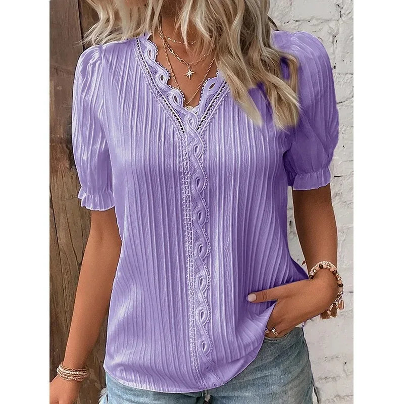 2024 Summer Women's V-Neck Hollow Cut Blouse – Sexy Spliced Loose-Fit Plus Size Street Top