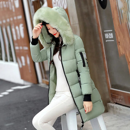 Women's Winter Fur Collar Hooded Parka - Stylish Long Jacket with Patch Design and Zipper Pockets, Elegant & Warm