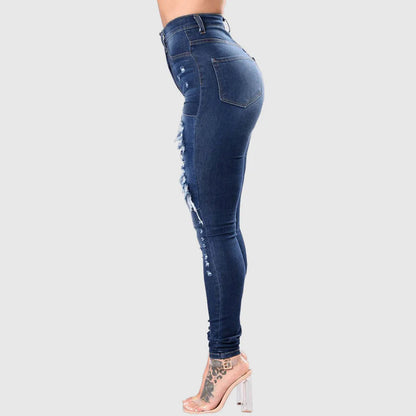 Jeans rasgado de cintura alta para mulheres, jeans skinny, calças lápis, calç