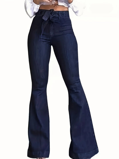 Jeans feminino azul marinho queimado, elástico alto com cintura, fundo de sino,