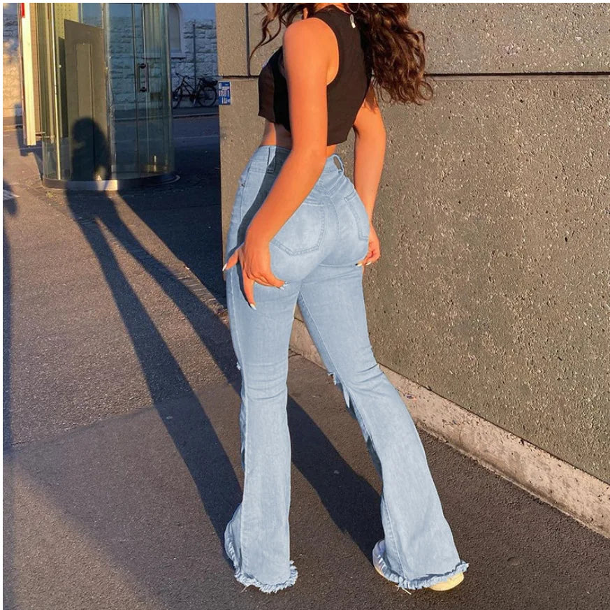 2023 New High Waist Ripped Boot Cut Jeans For Women Fashion Stretch Knee Ripped Denim Flared Pants Casual Female Trousers S-2XL