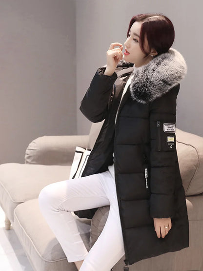 Women's Winter Fur Collar Hooded Parka - Stylish Long Jacket with Patch Design and Zipper Pockets, Elegant & Warm