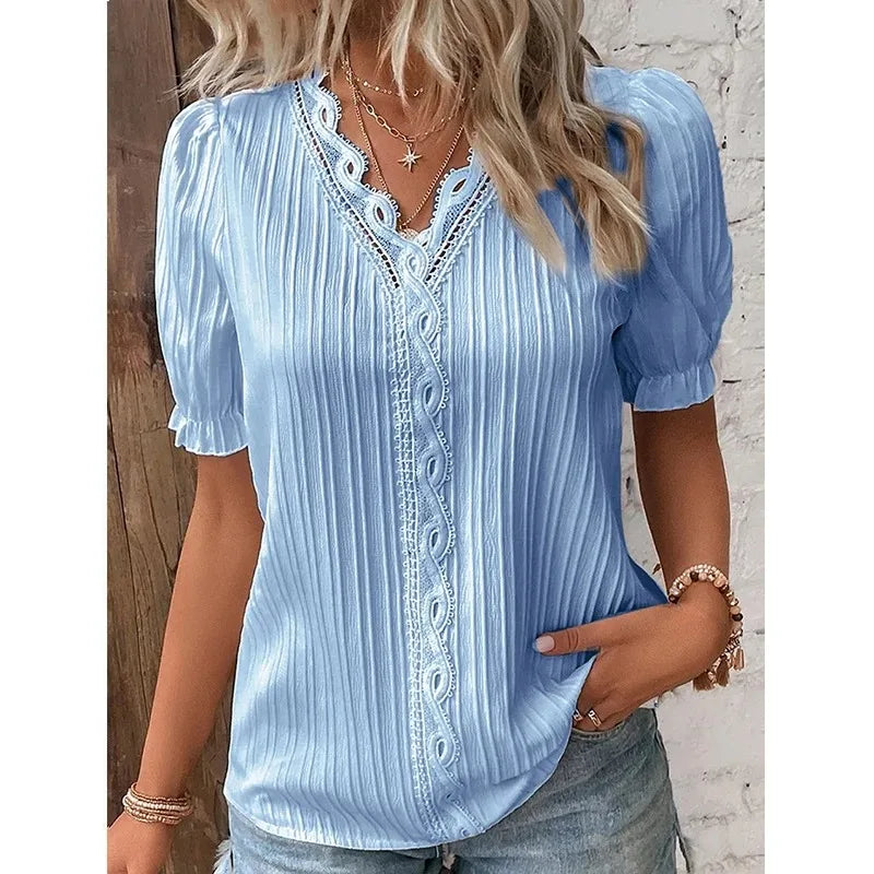 2024 Summer Women's V-Neck Hollow Cut Blouse – Sexy Spliced Loose-Fit Plus Size Street Top