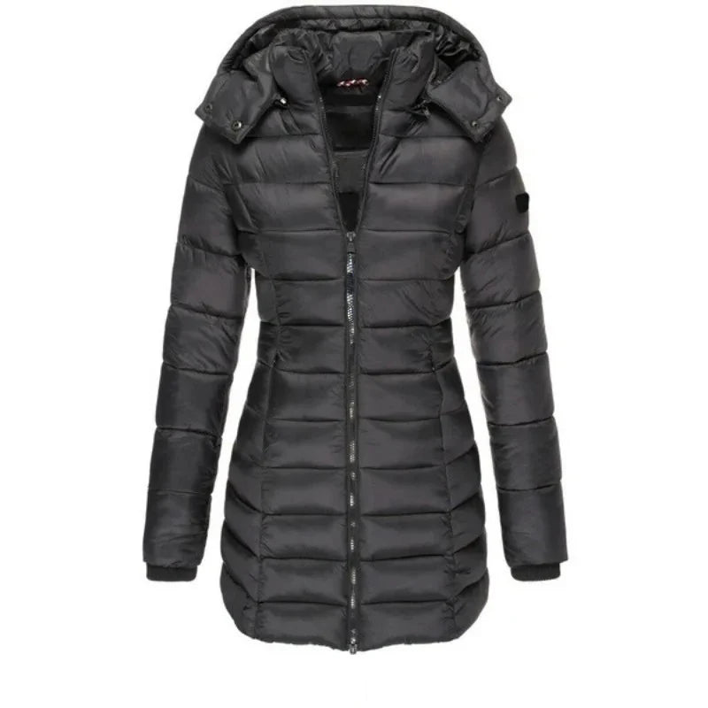 Women's Thickened Winter Parka, Solid Color Long Sleeve Zipper Coat, Quilted Puffer Jacket, Mid-Length Slim Fit with Hood