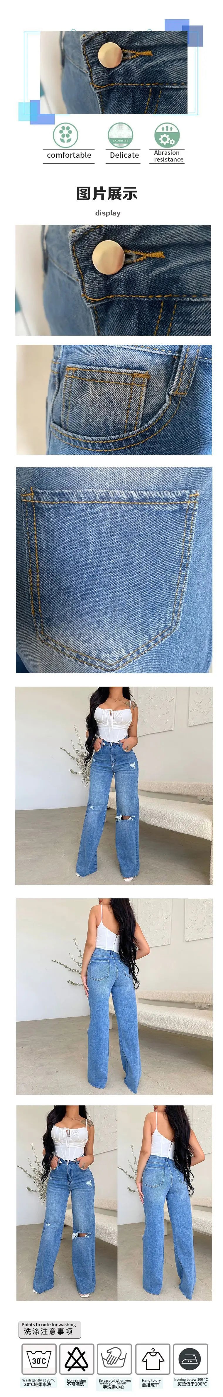 2023 Fall New Women's High Waist Ripped Jeans Fashion Loose Denim Wide Leg Pants Casual Female Trousers S-2XL Drop Shipping