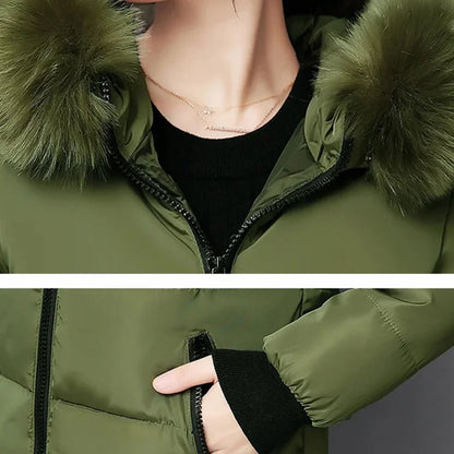 Women's Winter Fur Collar Hooded Parka - Stylish Long Jacket with Patch Design and Zipper Pockets, Elegant & Warm