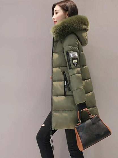 Women's Winter Fur Collar Hooded Parka - Stylish Long Jacket with Patch Design and Zipper Pockets, Elegant & Warm