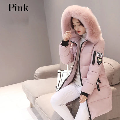 Women's Winter Fur Collar Hooded Parka - Stylish Long Jacket with Patch Design and Zipper Pockets, Elegant & Warm