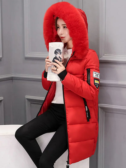 Women's Winter Fur Collar Hooded Parka - Stylish Long Jacket with Patch Design and Zipper Pockets, Elegant & Warm