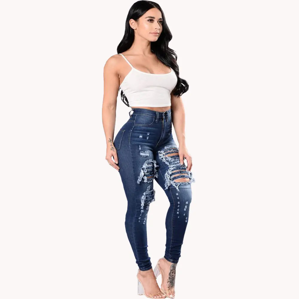 Jeans rasgado de cintura alta para mulheres, jeans skinny, calças lápis, calç