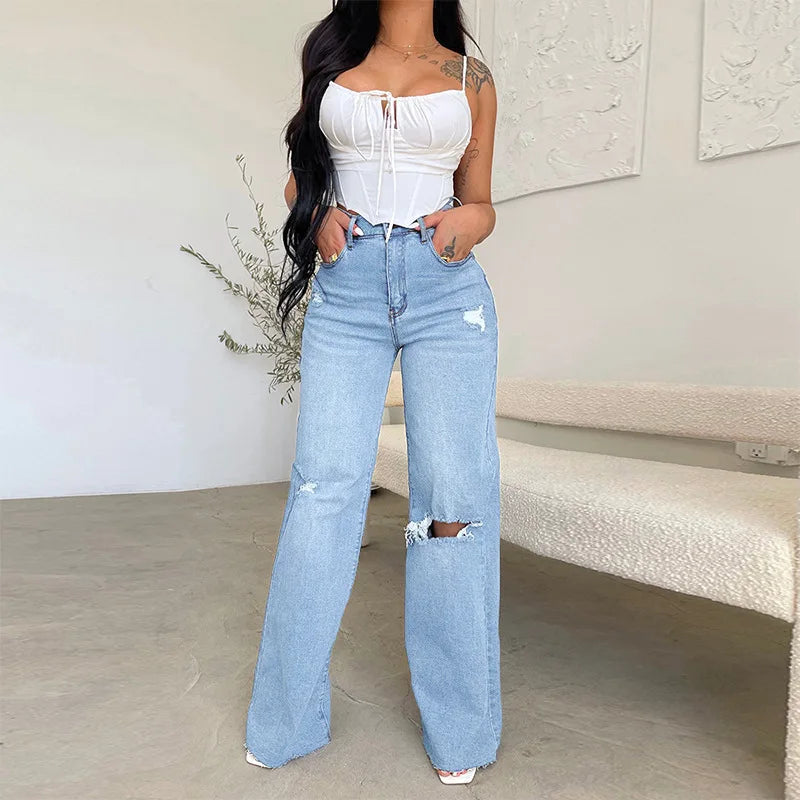 2023 Fall New Women's High Waist Ripped Jeans Fashion Loose Denim Wide Leg Pants Casual Female Trousers S-2XL Drop Shipping