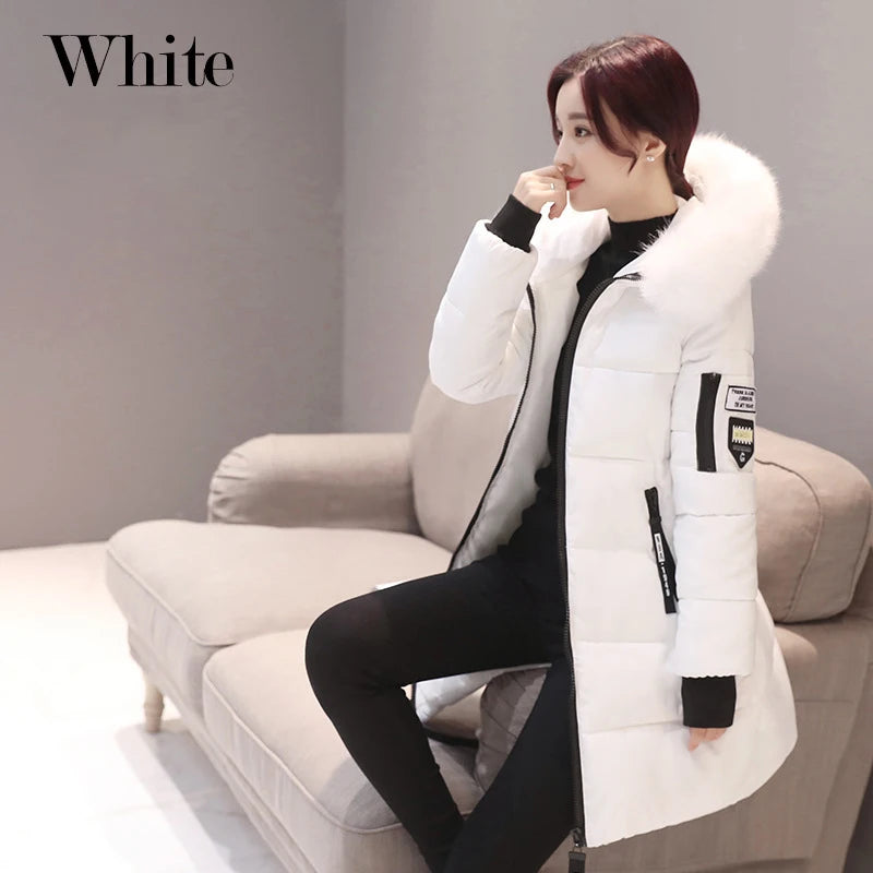 Women's Winter Fur Collar Hooded Parka - Stylish Long Jacket with Patch Design and Zipper Pockets, Elegant & Warm