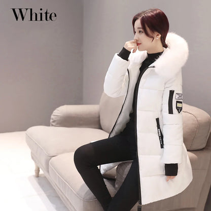 Women's Winter Fur Collar Hooded Parka - Stylish Long Jacket with Patch Design and Zipper Pockets, Elegant & Warm