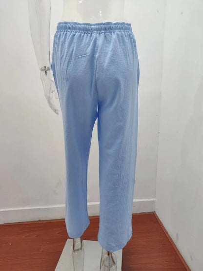 Calça de cintura alta de perna larga feminina, calça de linho de algodão, mon