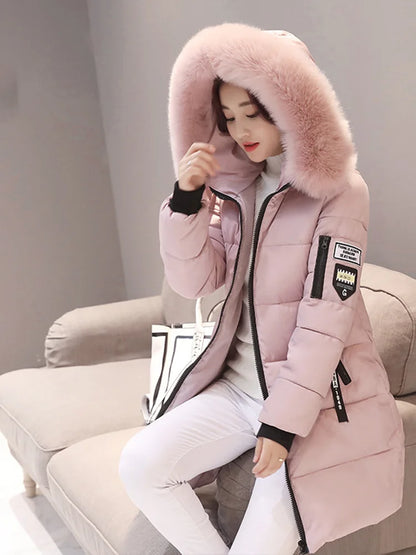 Women's Winter Fur Collar Hooded Parka - Stylish Long Jacket with Patch Design and Zipper Pockets, Elegant & Warm