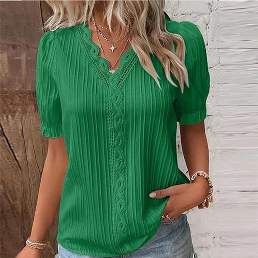 2024 Summer Women's V-Neck Hollow Cut Blouse – Sexy Spliced Loose-Fit Plus Size Street Top