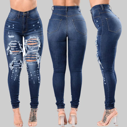 Jeans rasgado de cintura alta para mulheres, jeans skinny, calças lápis, calç