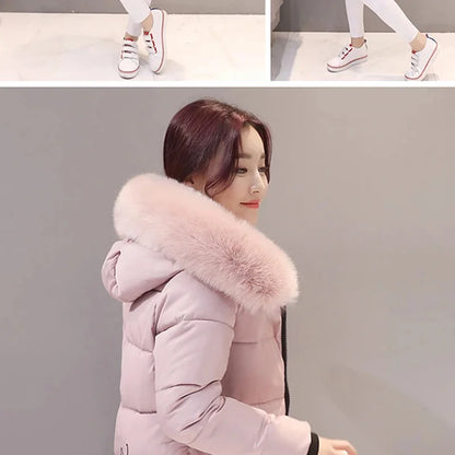 Women's Winter Fur Collar Hooded Parka - Stylish Long Jacket with Patch Design and Zipper Pockets, Elegant & Warm