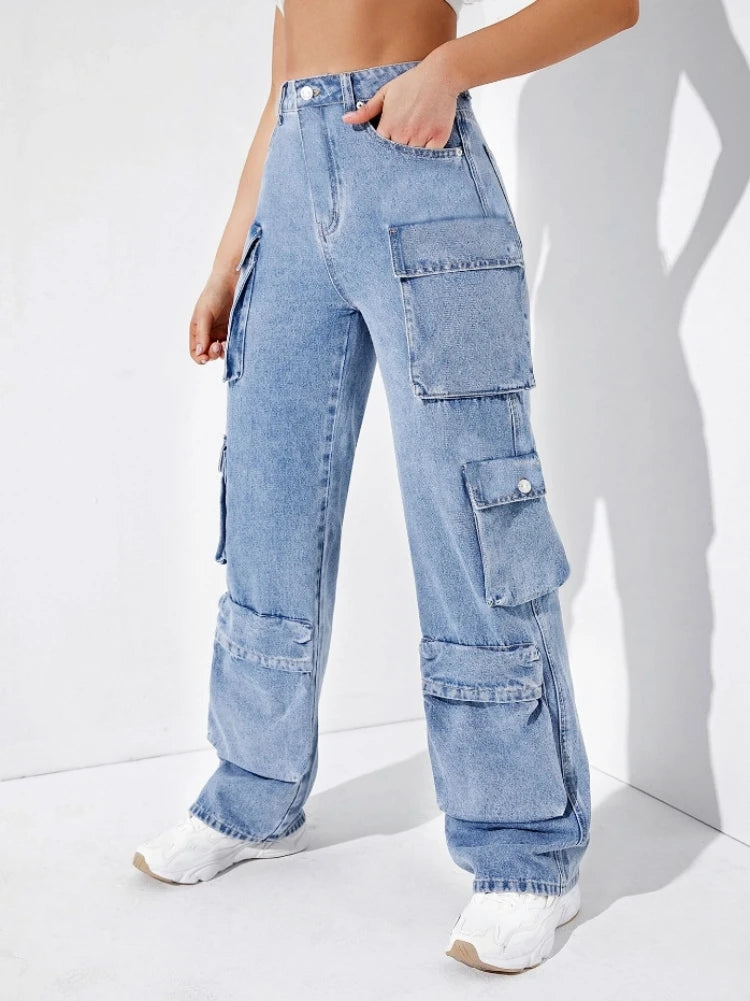 2023 Fall New High Waist Y2K Jeans For Women Fashion Multi Pocket Denim Cargo Pants Casual Female Trousers S-2XL Drop Shipping