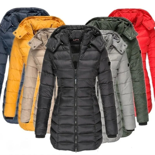 Women's Thickened Winter Parka, Solid Color Long Sleeve Zipper Coat, Quilted Puffer Jacket, Mid-Length Slim Fit with Hood