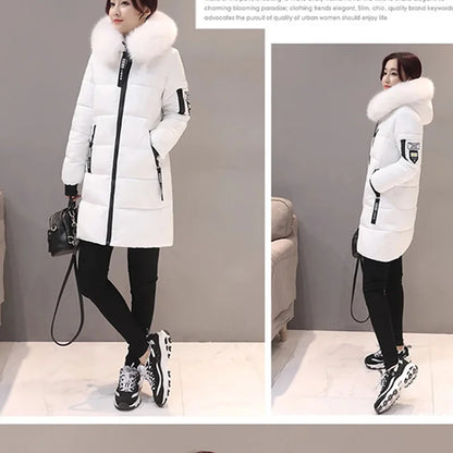 Women's Winter Fur Collar Hooded Parka - Stylish Long Jacket with Patch Design and Zipper Pockets, Elegant & Warm