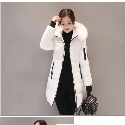 Women's Winter Fur Collar Hooded Parka - Stylish Long Jacket with Patch Design and Zipper Pockets, Elegant & Warm