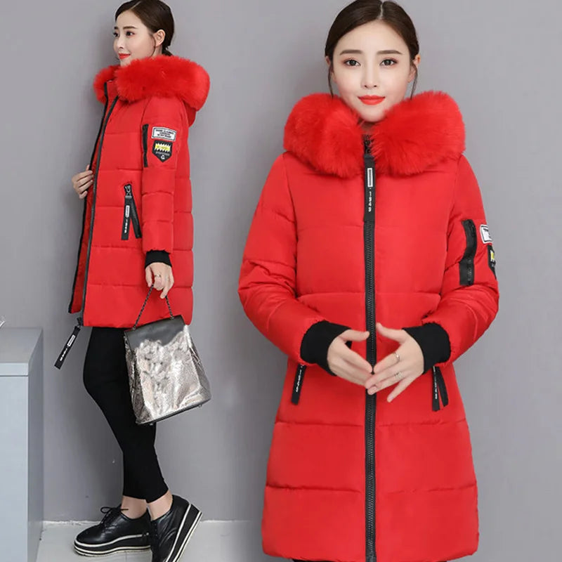 Women's Winter Fur Collar Hooded Parka - Stylish Long Jacket with Patch Design and Zipper Pockets, Elegant & Warm