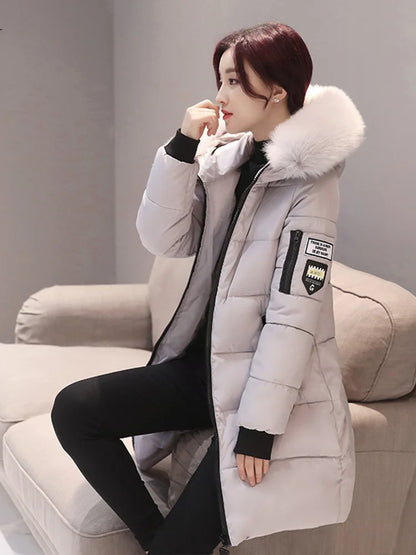 Women's Winter Fur Collar Hooded Parka - Stylish Long Jacket with Patch Design and Zipper Pockets, Elegant & Warm