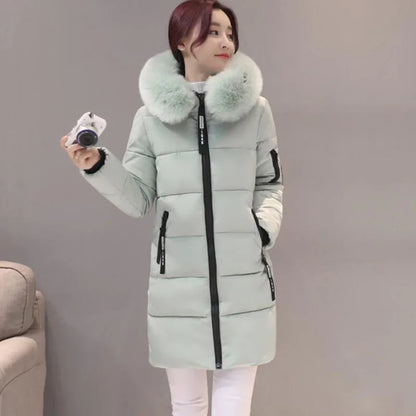 Women's Winter Fur Collar Hooded Parka - Stylish Long Jacket with Patch Design and Zipper Pockets, Elegant & Warm