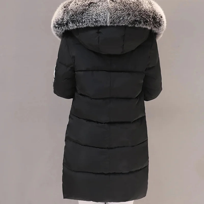 Women's Winter Fur Collar Hooded Parka - Stylish Long Jacket with Patch Design and Zipper Pockets, Elegant & Warm