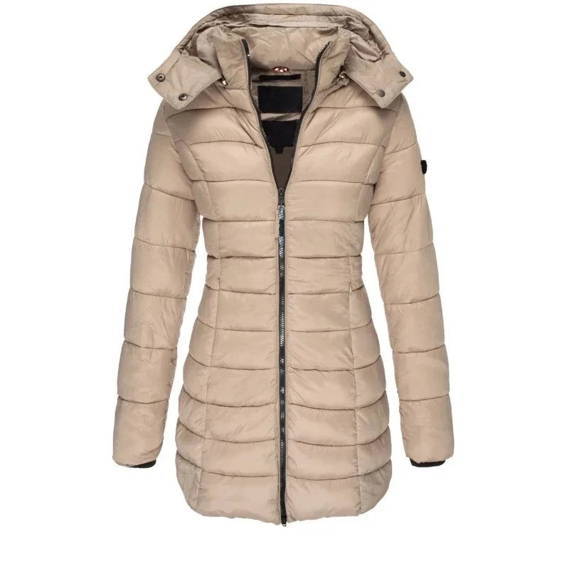 Women's Thickened Winter Parka, Solid Color Long Sleeve Zipper Coat, Quilted Puffer Jacket, Mid-Length Slim Fit with Hood