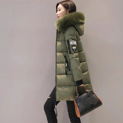 Women's Winter Fur Collar Hooded Parka - Stylish Long Jacket with Patch Design and Zipper Pockets, Elegant & Warm