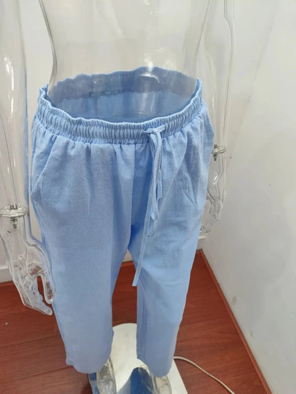 Calça de cintura alta de perna larga feminina, calça de linho de algodão, mon