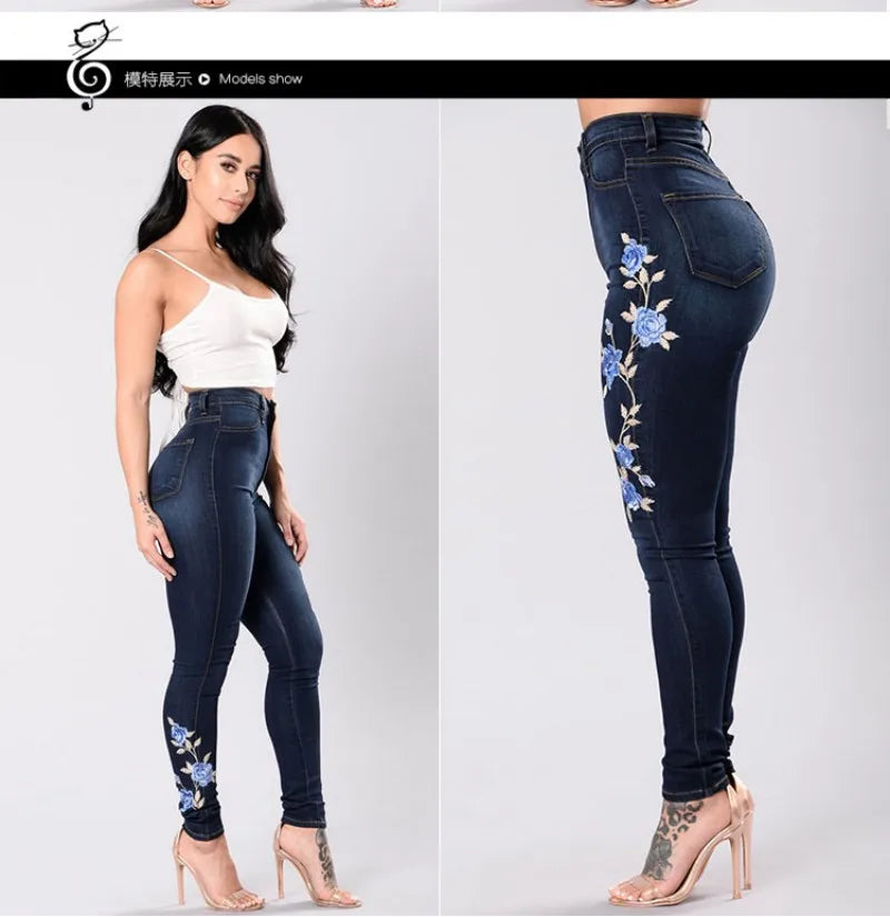 2023 New Women's High Waist Embroidered Jeans Fashion Slim Stretch Denim Pencil Pants Casual Female Clothing S-3XL Drop Shipping