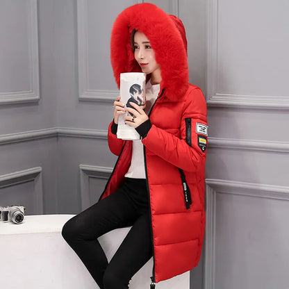 Women's Winter Fur Collar Hooded Parka - Stylish Long Jacket with Patch Design and Zipper Pockets, Elegant & Warm