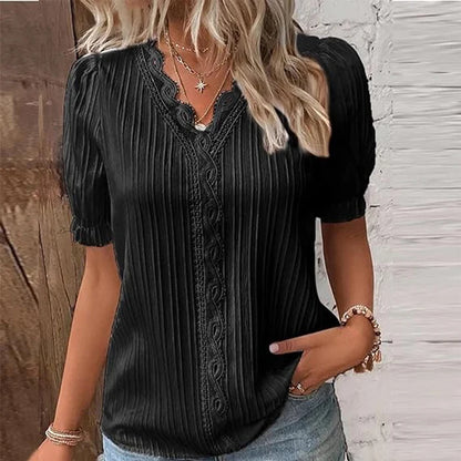 2024 Summer Women's V-Neck Hollow Cut Blouse – Sexy Spliced Loose-Fit Plus Size Street Top