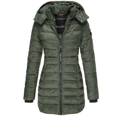 Women's Thickened Winter Parka, Solid Color Long Sleeve Zipper Coat, Quilted Puffer Jacket, Mid-Length Slim Fit with Hood