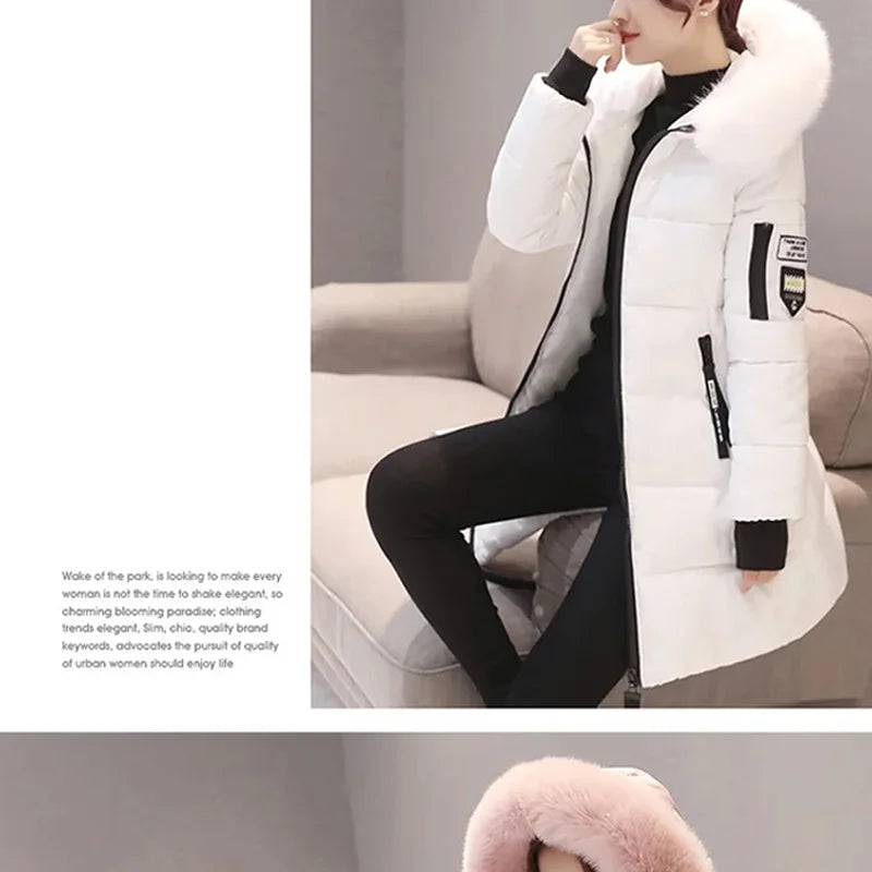 Women's Winter Fur Collar Hooded Parka - Stylish Long Jacket with Patch Design and Zipper Pockets, Elegant & Warm