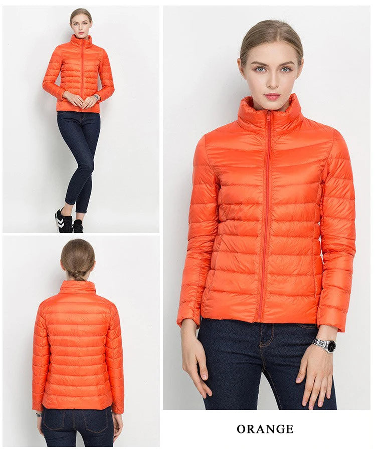 Parka para baixo empacotável feminina, jaqueta puffer empacotável, casaco casu