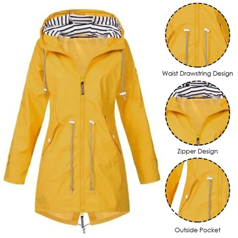 Women Waterproof Zipper Rain Jacket Solid Color Ladies Outdoor Mountaineering Li