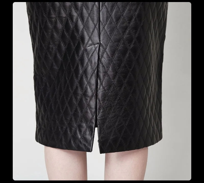 Quilted black genuine leather skirt women slim split pencil skirt faldas jupe sa